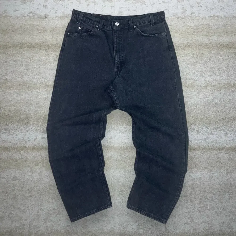 Vintage 90s Levis Jeans 550 38x30 Relaxed Jet Black Wash Denim USA Orange Tab